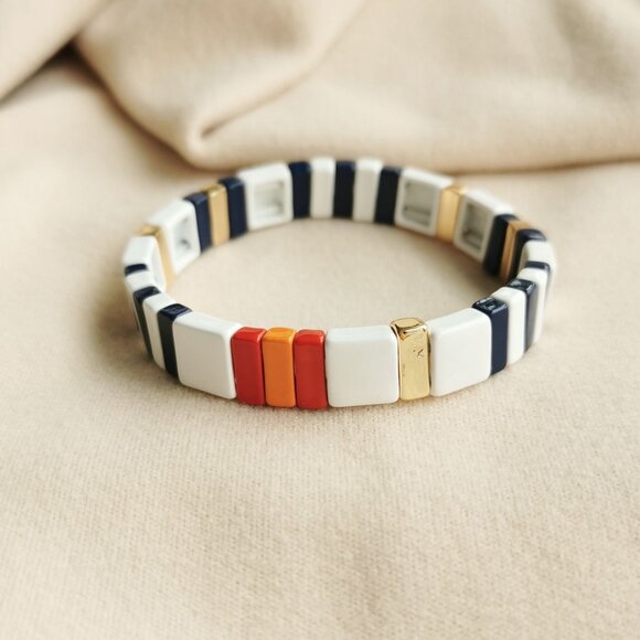 Roxanne Assoulin Gold Project Stripe Navy White Enameled Stretch Bracelet - Picture 1 of 4